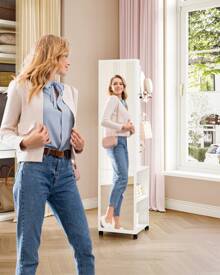 HEXCELEN Jewelry Cabinet, Mirror Cabinet, Standing Jewelry Organizer With 1 Clothes Rack, 3-Tier Shelves With 4 Coat Hooks, White - trắng - Xem 4