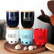 1 Peça Caixa de Armazenamento de Alho, Caixa de Armazenamento de Alho de Cerâmica, Recipiente de Armazenamento de Alho para Bancada, Jarra de Alho de Cerâmica com Tampa de Bambu, Tigela de Armazenamento de Legumes para Bancada, Lata de Armazenamento de Alho com Ventilação, Decoração de Cozinha Estilo Rústico, Utensílios de Cozinha