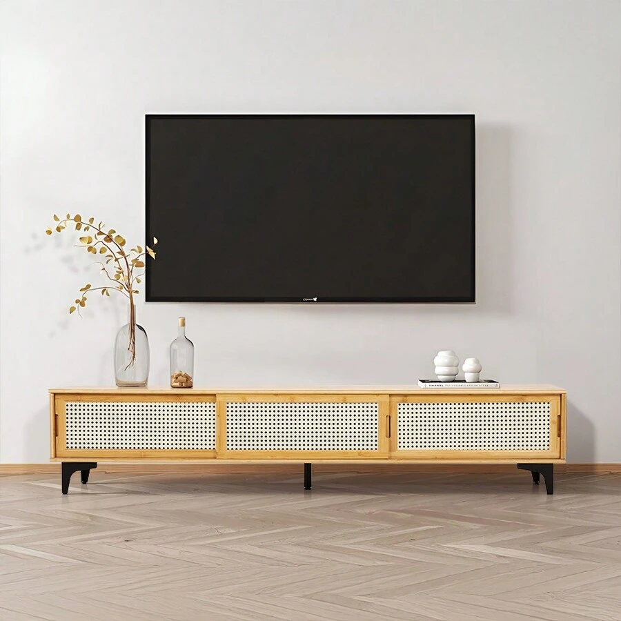 Living And Home Wooden TV Sand With Sliding Doors - Natural 160cm W X 33cm D X 32.5cm H - View 1