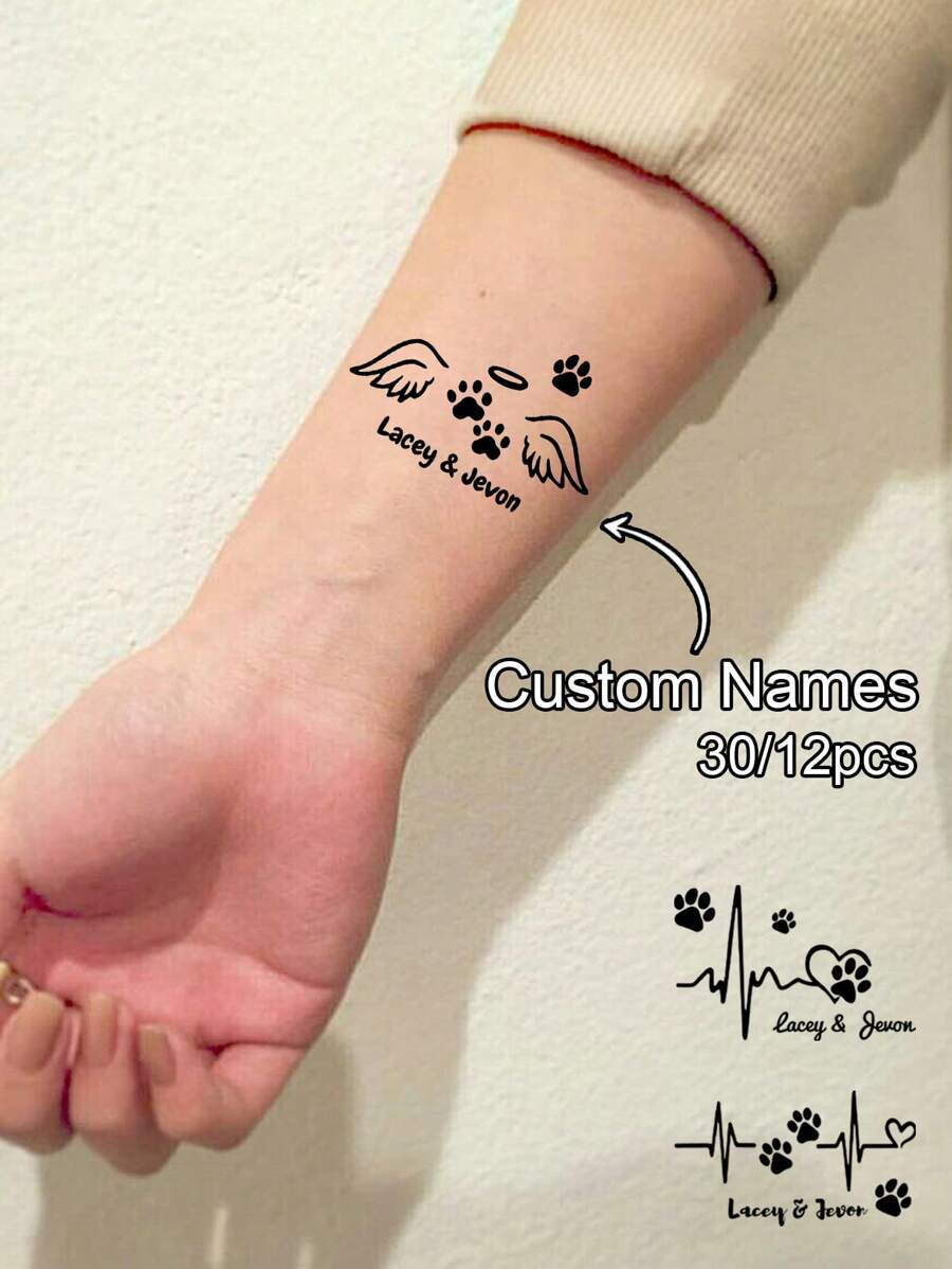 12/24/30/60/120/150/300 Pcs Custom Temporary Pet Tattoo Stickers, Personalized Pet Footprinttattoo Sticker, Customizable Names Tattoo Stickers, Suitable For Pet Parties, Weekend BBQs And Cocktail Parties, Convenient Handmade Use, Favorite Single Party Temporary Tattoos,Custom Temporary Tattoo Stickers, Suitable For Christmas - Multicolor - View 1