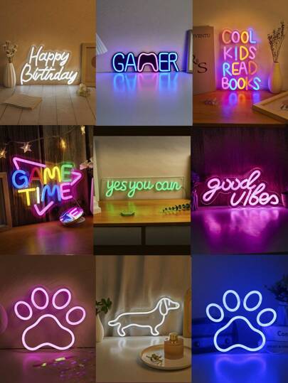 Chi-Buy Cute LED Neon Sign Letters "Gamer", "Good Mood", "Game Time", "Cool Kid Reads", "Happy Birthday", "You Can Do It", "Puppy", "Paw" Neon Light Hanging Decor, USB Powered, Suitable For Birthday Party, New Year, Christmas, Valentine's Day, Wedding Decoration