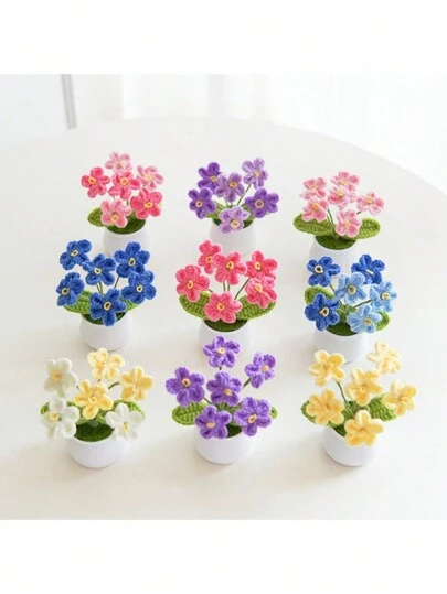 DIY钩针勿忘我手工编织迷你盆栽，母亲节礼物，教师节礼物，桌面装饰