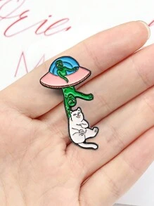 1 pieza Broche en forma de OVNI abduciendo a un gato blanco - Multicolor - Ver 8