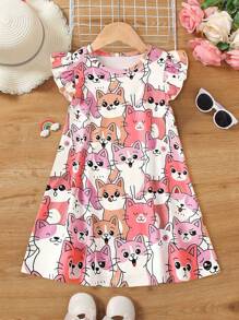 Kid Girls Cute Kittens Print Casual Dress With Ruffled Sleeve, A-Line Swing Dress, Young Girl Sundress For Holiday Vacation Daily Summer,Young Girl Clothes Girls