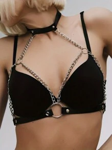 时尚哥特式配饰 - 女士胸部塑形腰带、性感内衣配饰、胸部内衣带、链式肩带、带链装饰的黑色 PU 皮革、束腰带、角色扮演、节日配饰、束腰带 - 黑色 - 查看 4