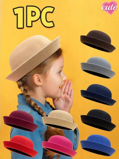 1pc Four-Season Versatile Children Round Top Hat, Brim Curled Rim Fedora Hat, Cute Unisex Parent-Child Bucket Hat, Retro British Style Cap, Suitable For Outdoor Travel And Play