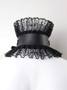 1pc Women's Retro Princess Style Faux Leather Floral Lace Ruffle Collar Gothic Victorian Choker Necklace, Suitable For Christmas, Carnival Party - Black - View 5