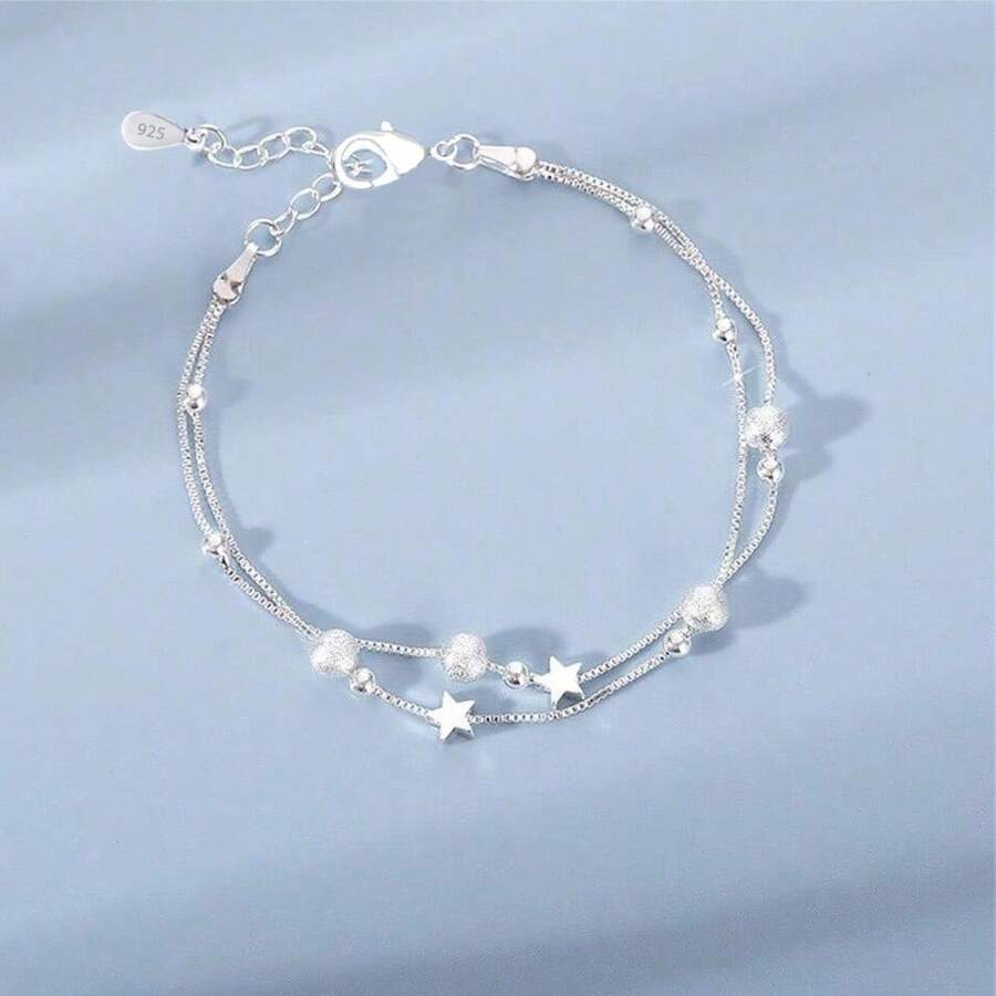 1 szt. Charm 925 Srebrna podwójna warstwa Gwiazda Bransoletka Dla Kobiet Moda Ślubna Prezent Biżuteria Akcesoria Impreza