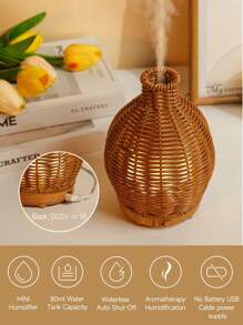 ellestfun 1pc USB 5V 80ml PP Simulation Rattan Weaving Process Ultrasonic Aromatherapy Humidifier, Suitable For Small Room Aromatherapy Humidification