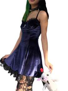Women Ruffles Velvet Dress, Adults Sleeveless Spaghetti Strap V-Neck Lace Trim Bowknot One-piece - Morado - Ver 2