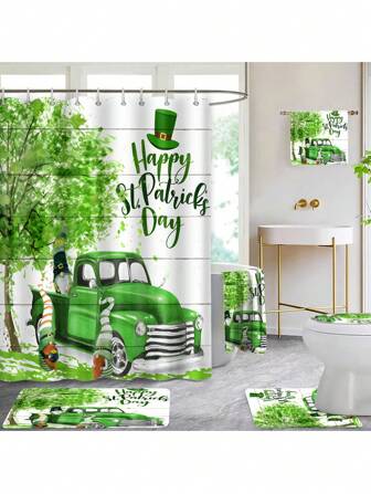 1 件/2 件/4 件/6 件圣帕特里克节浴帘套装，带 12 个挂钩、马桶盖、浴垫防滑地毯、2 件超柔软大浴巾、吸水手巾、毛巾、厨房洗碗巾、浴室配件男孩情人节心形情人节家居浴室装饰秋季装饰返校