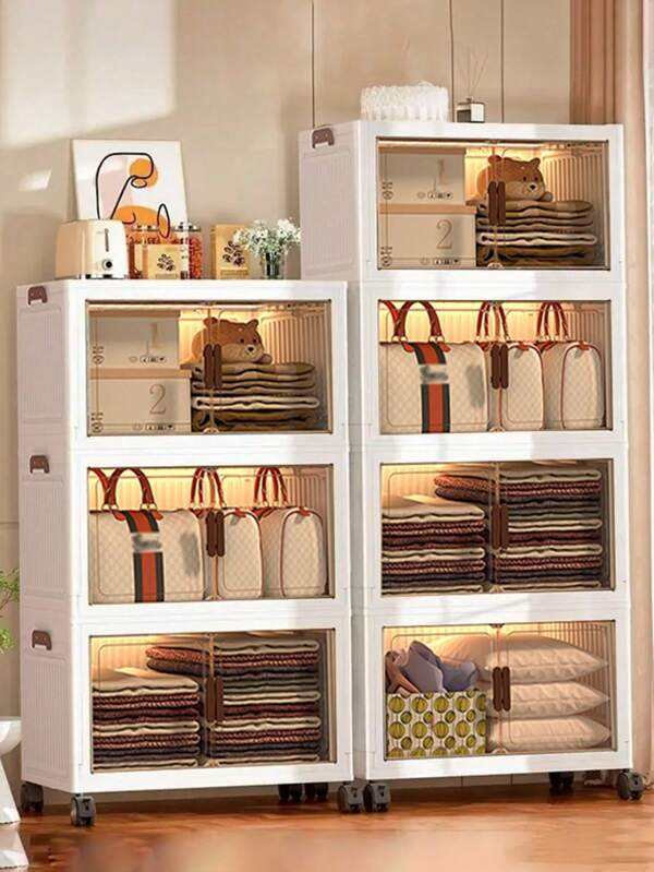 5layer Foldable Storage Cabinet, Plastic Sundries Organizer With Doors & Wheels, Stackable Large Capacity Home Organization For Bedroom, Living Room, Kitchen, Easy Assembly & Space-Saving Design