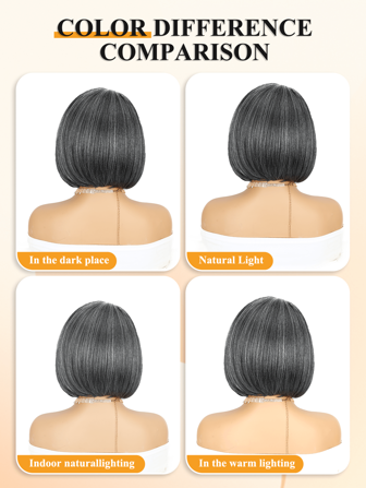 Short Side Part Grey Salt & Pepper Bob Wig Bob Wigs Straight Black Grey Hair Wig Bowl Cut Cosplay Wig Heat Resistant Natural Looking Synthetic Full Wigs For Women)