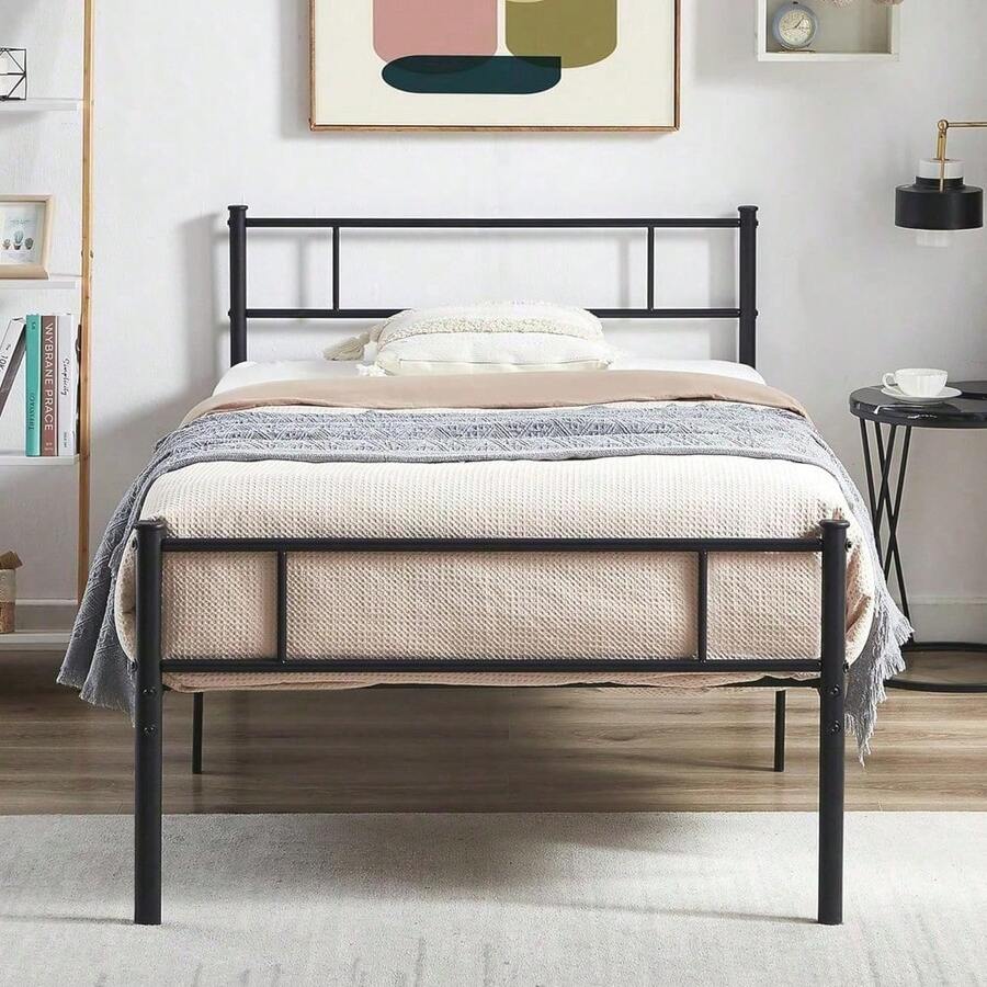 VECELO Metal Platform Bed Frame Queen Size With Headboard And Footboard, 12'' Under-Bed Storage & Strong Slats Support, No Box Spring Needed, Dark Black - Matte Black - View 1