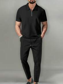 SUKSIO Men's Fashion Casual Polo Shirt Set, Casual Lapel Zipper Polo Shirt And Casual Pocket Drawstring Trouser Set, Everyday Casual Street