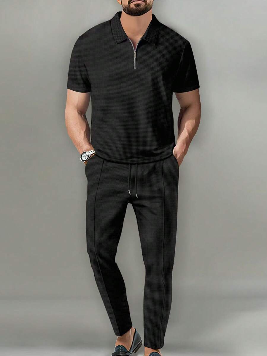SUKSIO Men's Fashion Casual Polo Shirt Set, Casual Lapel Zipper Polo Shirt And Casual Pocket Drawstring Trouser Set, Everyday Casual Street