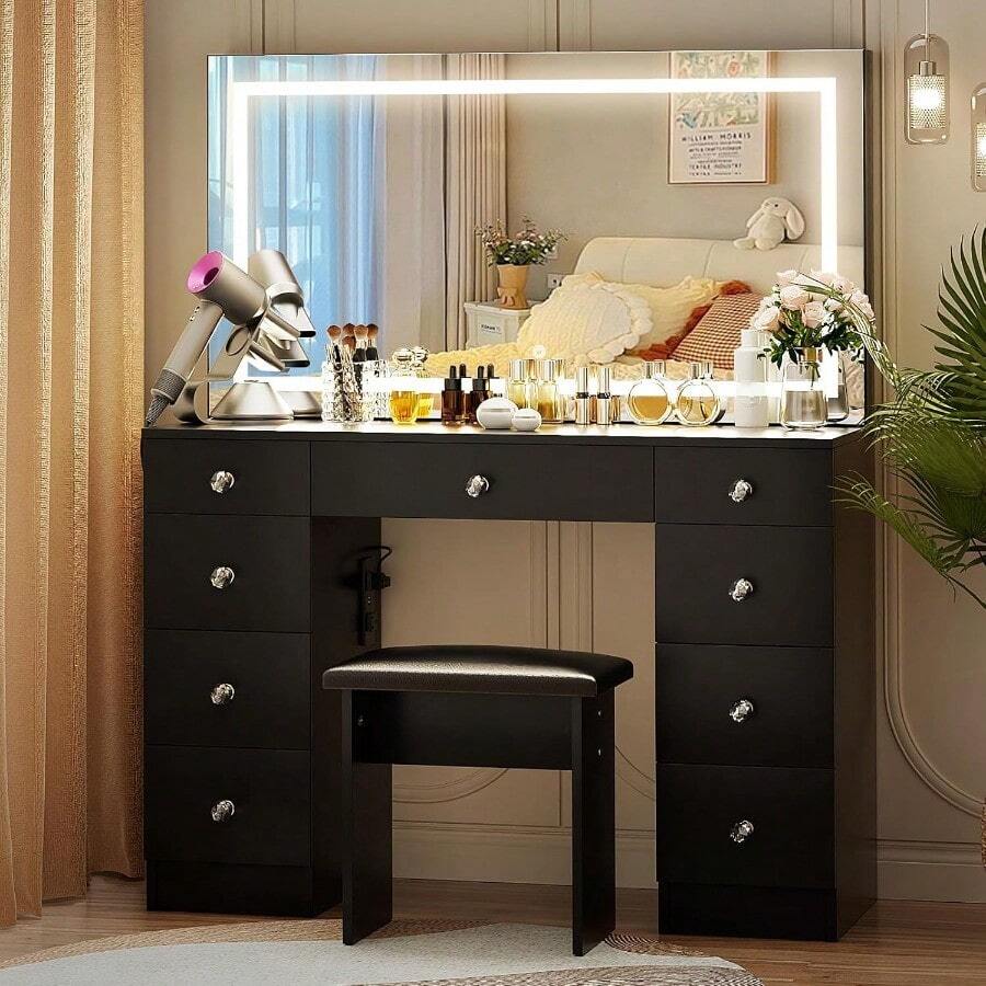 VOWNER Vanity With Lighted Mirror - 45" Farmhouse Makeup Vanity Desk Glass Top 3 Drawers 2 Cabinets Outlet Color Lighting Modes Adjustable Brightness Table Stool Wh