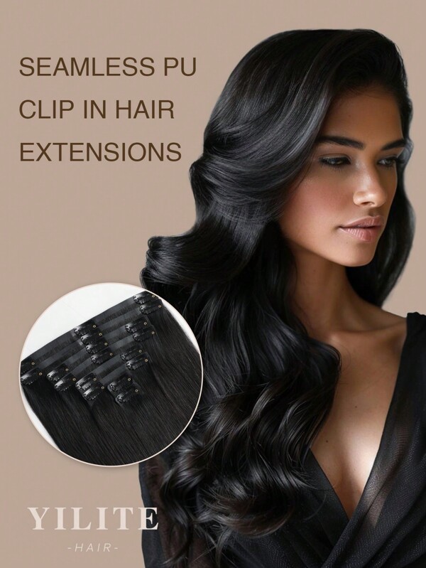 Yilite Seamless Clip In Hair Extensions Human Hair Jet Black Remy Clip In Extensions Human Hair Invisible PU Skin Weft Natural Remy Hair Extensions Real Human Hair Clip Ins 14-20 Inch