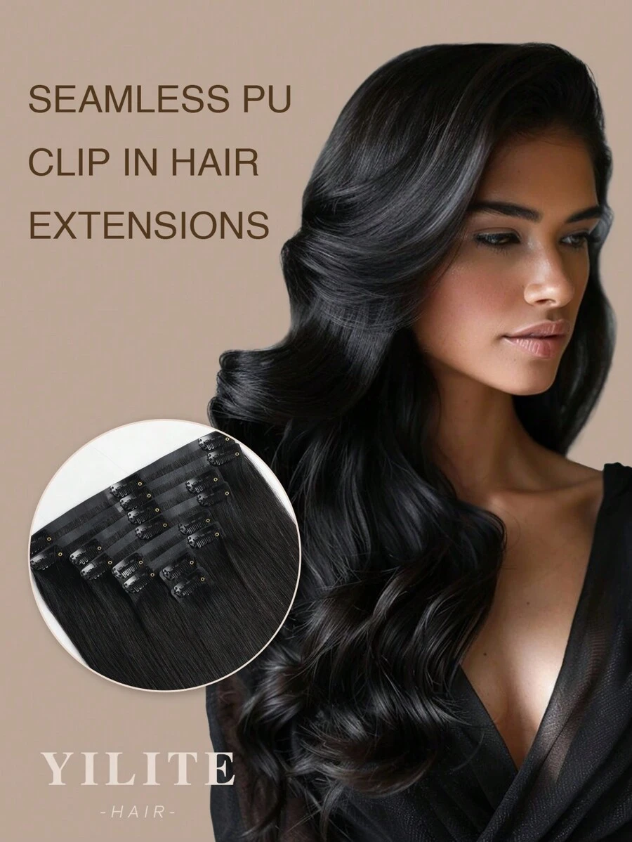 Yilite Seamless Clip In Hair Extensions Human Hair Jet Black Remy Clip In Extensions Human Hair Invisible PU Skin Weft Natural Remy Hair Extensions Real Human Hair Clip Ins 14-20 Inch - S1 - View 1