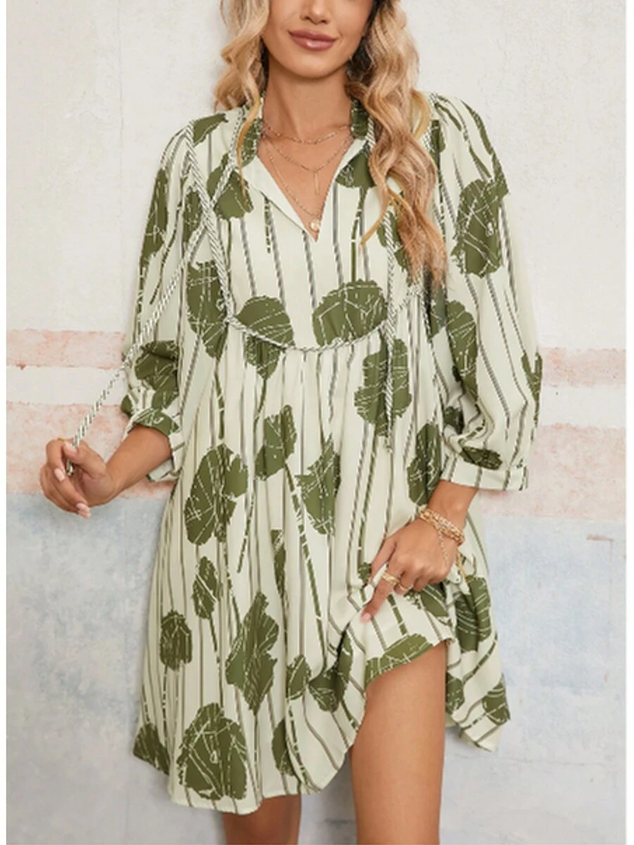 Đầm midi họa tiết hoa cổ chữ V tay 3/4 rộng rãi cho nữ - bơ xanh - Xem 1