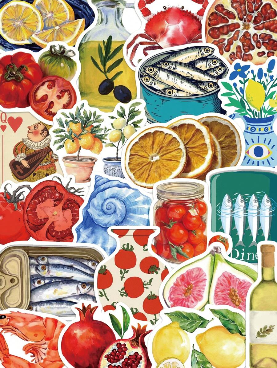 50pcs Mediterranean Style Art Stickers, PVC Material, Gifts, Cartoon Decor, Scrapbooking, Notebook, Laptop, Luggage, Guitar, Water Bottle, Phone Case, DIY Stickers - Multicolor - View 1