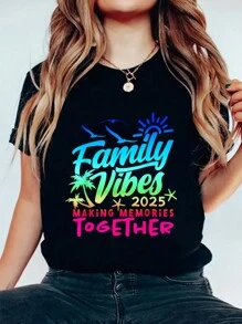 Family Vacation 2025 Beach Matching Family Summer Vacation T-Shirt With Mastiff's Footprints Graphic, Floral Print, Round Neck, Short Sleeves, Stretch Fabric, Summer Top - Black - View 1