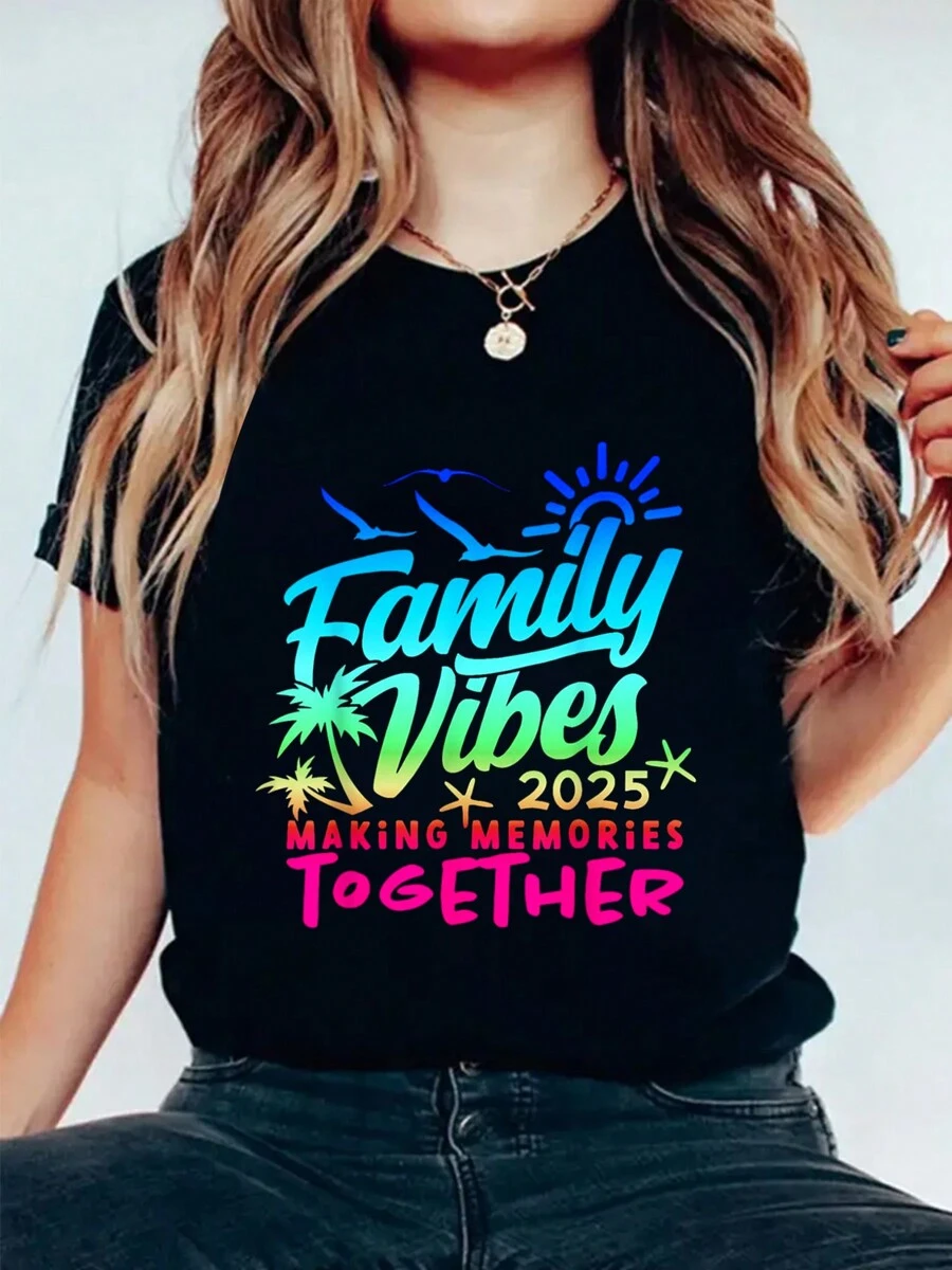 Family Vacation 2025 Beach Matching Family Summer Vacation T-Shirt With Mastiff's Footprints Graphic, Floral Print, Round Neck, Short Sleeves, Stretch Fabric, Summer Top - Black - View 1