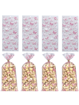 50个粉色蝴蝶图案礼品袋 饼干糖果包装袋 派对礼品袋 卡通蝴蝶动物伴侣礼品袋 OPP包装袋