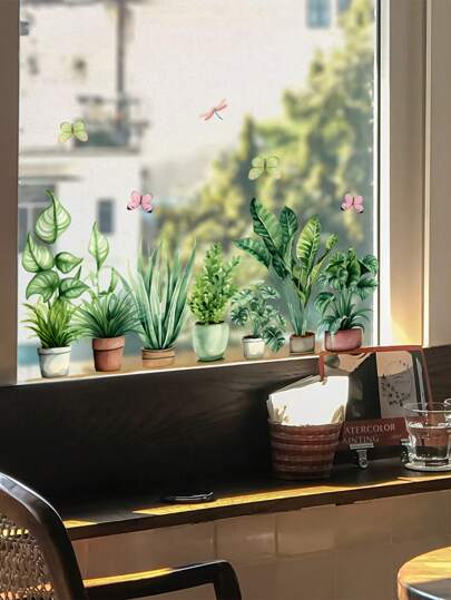 1 zestaw dekoracji domu Zielona roślina Motyl naklejka na okno, elektrostatyczna adsorpcja plastikowa naklejka, salon dekoracja ścienna domu, naturalny styl szkło artystyczne okno dekoracja domu