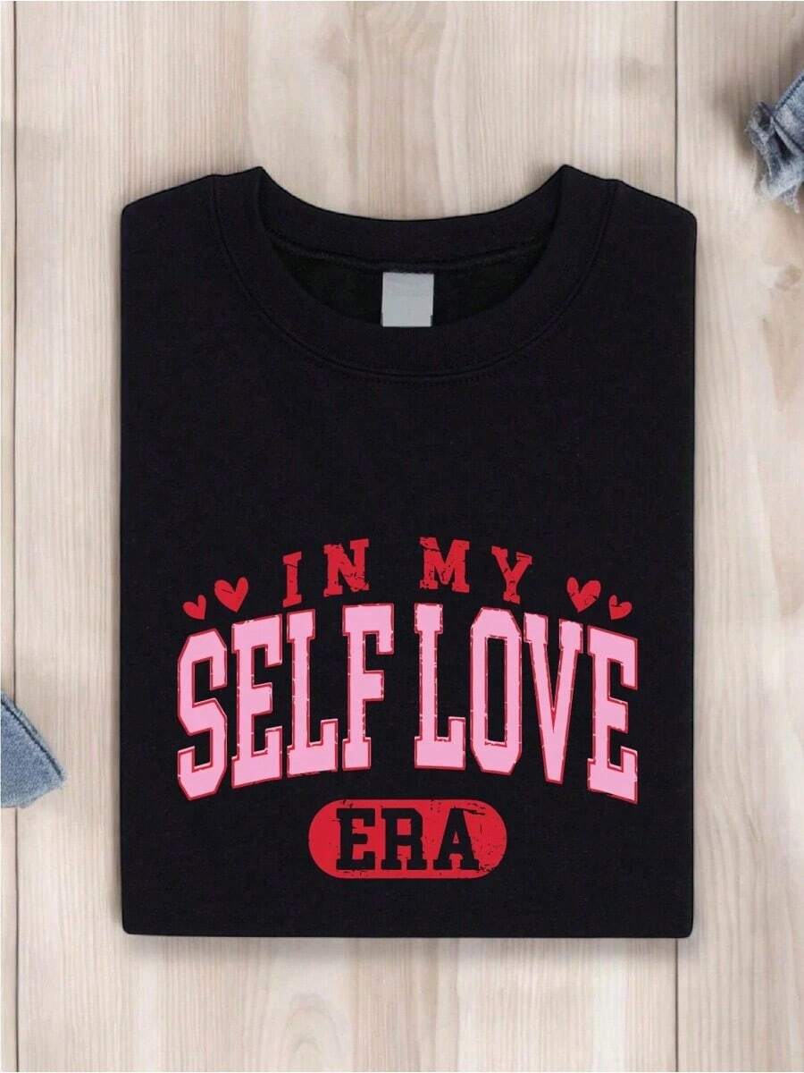 Valentine Day T-Shirt Print Round Neck Short Sleeve T-Shirt For Women Casual Summer Women Top Graphic Tees In My Self Love Era Shirt Self Love Shirt Cute Therapy Shirts Independent Woman Tees Self Empowerment Tees Valentine Day Girly Gift Valentines Self Love Shirts Love Myself Valentine Shirts - 黑色 - 查看 1