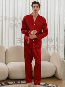 Men's Satin Two Pieces Sets Pajamas With Fashionable Letter Print V-Neck Long Sleeved Top And Pants That Can Be Worn All Year Round