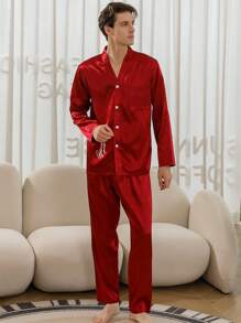 Men's Satin Two Pieces Sets Pajamas With Fashionable Letter Print V-Neck Long Sleeved Top And Pants That Can Be Worn All Year Round