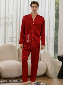 Men's Satin Two Pieces Sets Pajamas With Fashionable Letter Print V-Neck Long Sleeved Top And Pants That Can Be Worn All Year Round