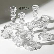 6 PCS Glassware Candlestick Pedestal,Glass Clear Diamond /Clear Stripe/Amber Diamond/Amber Stripe Taper Candle Holders For Table Centerpiece, Home Decorations, Valentine Day, Wedding And Party - 透明條紋 - 查看 1