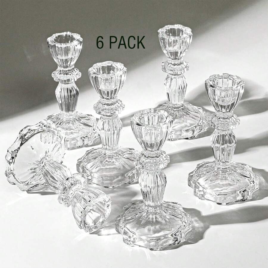 6 PCS Glassware Candlestick Pedestal,Glass Clear Diamond /Clear Stripe/Amber Diamond/Amber Stripe Taper Candle Holders For Table Centerpiece, Home Decorations, Valentine Day, Wedding And Party - 透明條紋 - 查看 1
