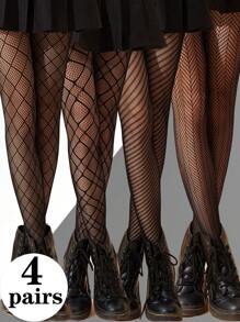 4 Pairs Of Mesh And Line Ladies Fishnet Stockings