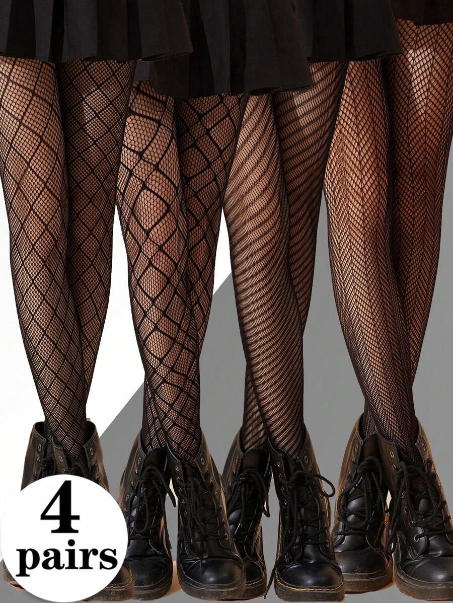 4 Pairs Of Mesh And Line Ladies Fishnet Stockings