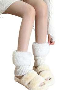 1 pereche de încălzitoare pentru picioare albe groase pentru femei, încălzitoare confortabile pentru picioare pentru toamnă și iarnă