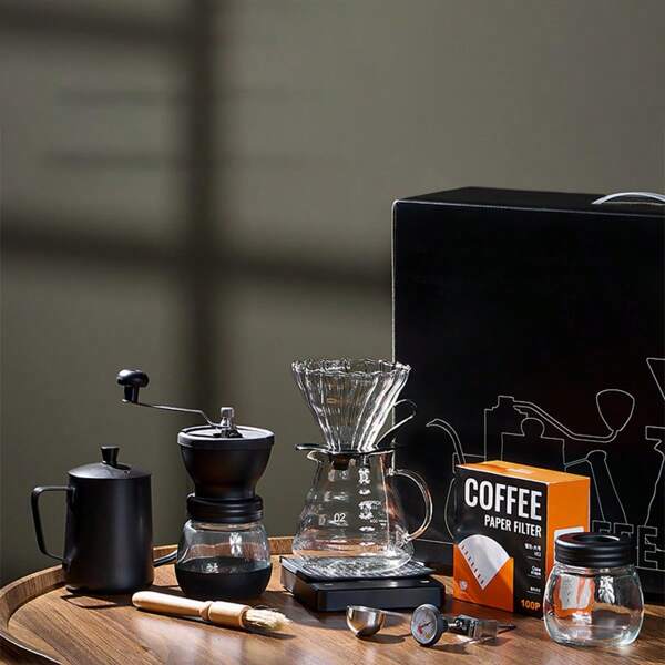 Hand Drip Pour Over Coffee Set, All In One Hand Drip Coffee Set, Coffee Grinder Manual Set, Including Gooseneck Kettle, Hand Brewing Kettle, Filter Cup, Filter Paper, Thermometer, Electronic Scale, Brush, Coffee Powder Tank, Stainless Steel Spoon, Manual Grinder