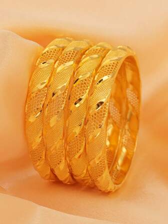 1pc 24K Gold Plated Holiday Copper Bangle Bracelet, Fashion Open Cuff Bracelet, Suitable For Dubai, Saudi Arabia, Mother's Day, Bridal, Luxury
