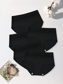 5 Pack Solid Color Swan Embroidery Simple Elegant Soft Cotton High Waist Tummy Control Breathable Briefs Women's Underwear For Daily Wear All Seasons Black Lingerie - 彩色 - 查看 4