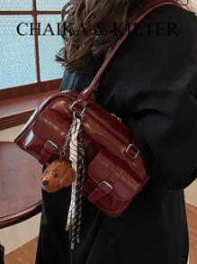 1 件 CHAIKA & KILTER 女士漆皮 PU 皮革单肩包，时尚多口袋大容量波士顿保龄球包，带拉链开合，适合日常和外出（与吊坠一起出售） - 酒紅色 - 查看 5