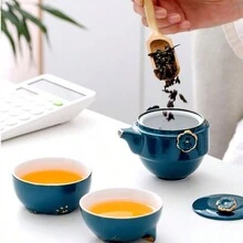 Travel Tea Set With Portable Bag, Kung Fu Handmade Ceramic Teapot Set, All-In-One Teapot, 1 Pot 2 Cups, Suitable For Travel, Office And Home - Green - View 3