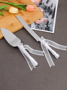 1 pieza Cuchillo y Servidor de decoración de mesa de boda estilo europeo, cortador de tarta hecho a mano con lazo de encaje y strass, cubertería de mesa para fiesta de bodas