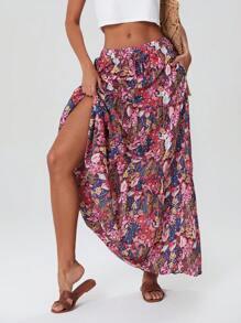 Women's Boho Maxi Skirts Vintage Floral Elastic High Waist A-Line Flowy Skirts Tiered Long Swing Skirts With Pockets Casual Bohemian Clothes For Summer Holiday Beach Vacation Outfit - Hồng - Xem 3
