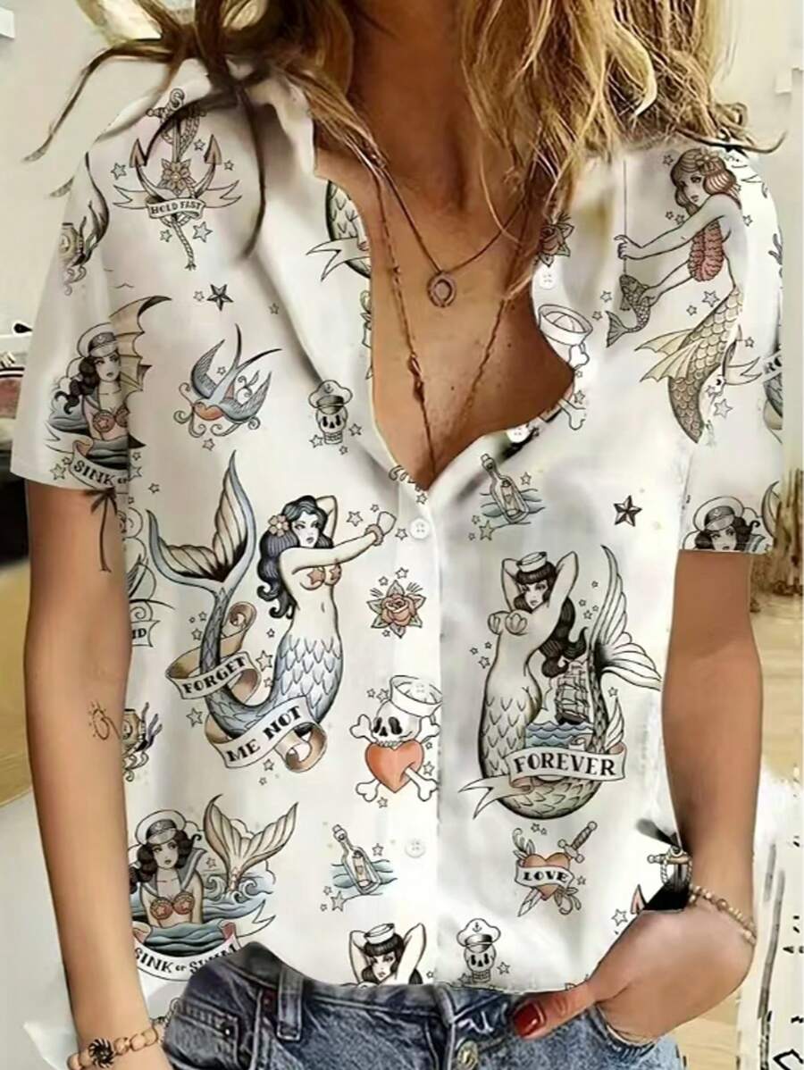 女士复古美人鱼图案白色衬衫,纹身风格短袖纽扣衬衫,宽松休闲夏季上衣 - 白色 - 查看 1
