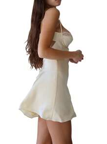 Womens Dress, Solid Color Patchwork Lace Sleeveless Hollow-Out Backless Spaghetti Strap Mini Dress