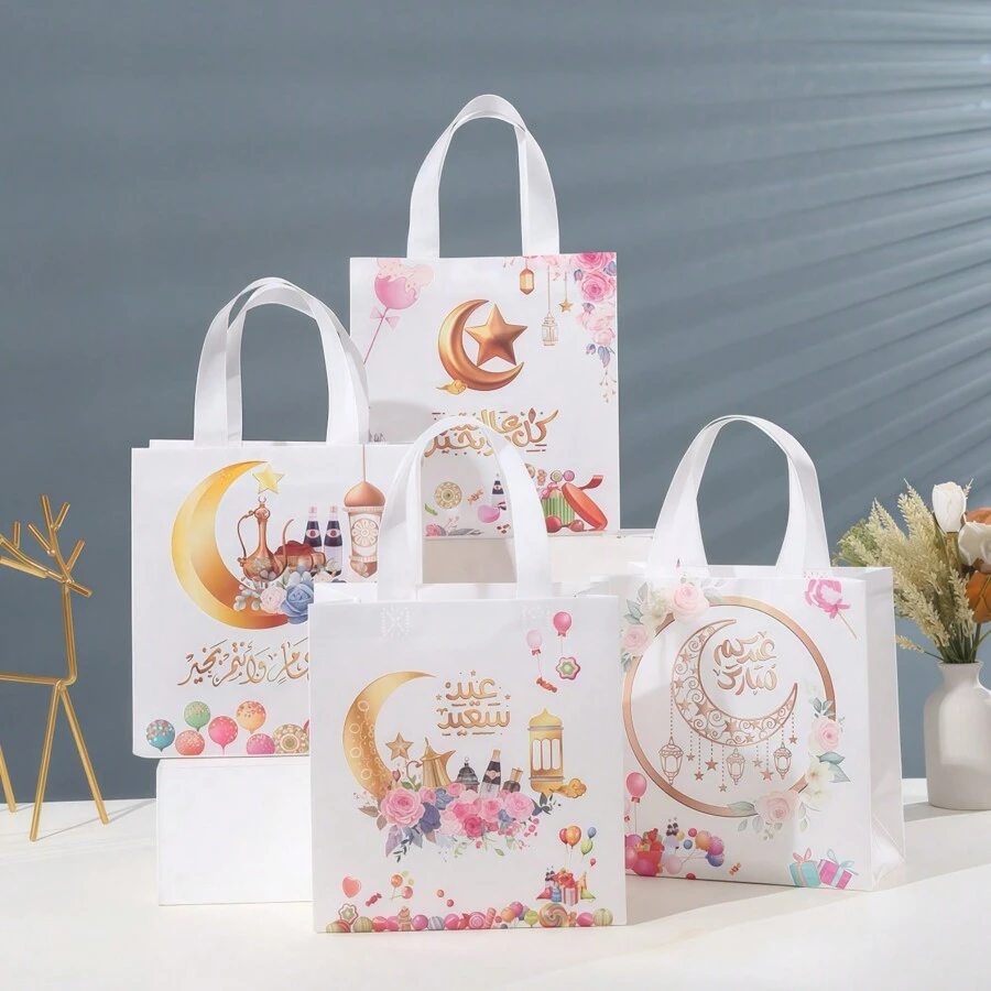 4pcs Assorted Non-Woven Fabric Tote Bags, Birthday Gift Packaging Bags With Printed, Waterproof Gift Bags For Clothing, Food Delivery, Shopping, Eid Festival Gifts