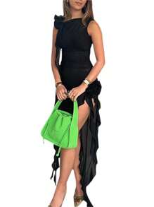 Womens Summer Skinny Sling Dress Solid Color Sleeveless Irregular Ruffle Bodycon Dress - Black - View 2