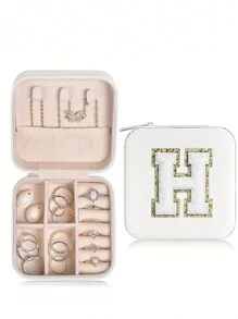 1 pièce Boîte de voyage pour bijoux avec initiale A-Z, étui de rangement multifonctionnel pour bijoux, mini boîte de rangement pour bijoux, organisateur de maquillage, porte-bijoux, sac cosmétique, sac de toilette, cadeau idéal pour les femmes, petite amie, amis, anniversaire, Noël, Halloween - Boîte de voyage pour bijoux avec initiale rose, cadeau de Noël pour adolescentes, retour à l'école